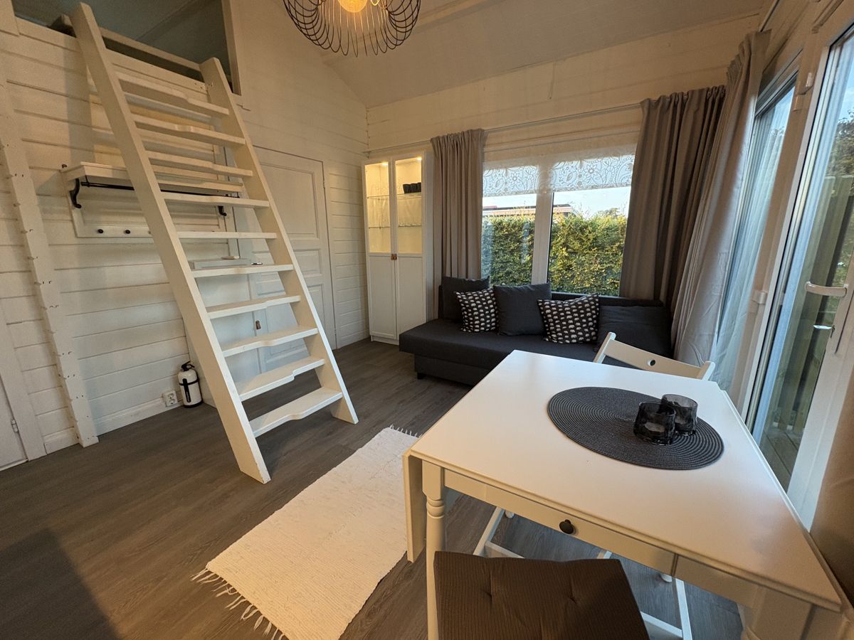 Vardagsrum och matplats med stege till loftet