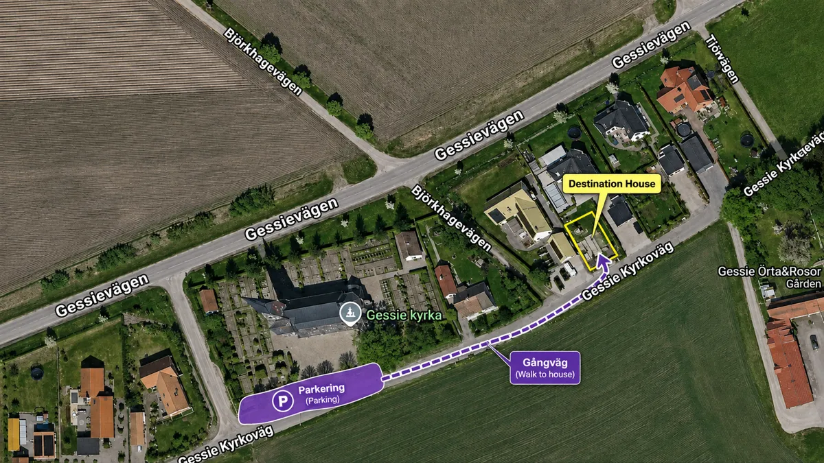 Map showing parking beside Gessie Church and the short walk to Lilla Oasen